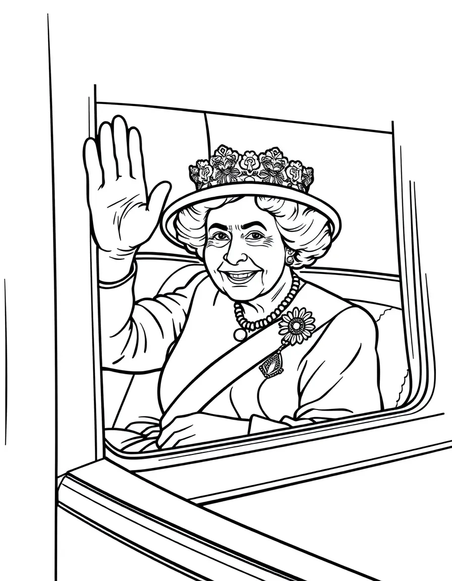 Queen Elizabeth II waving from a carriage window