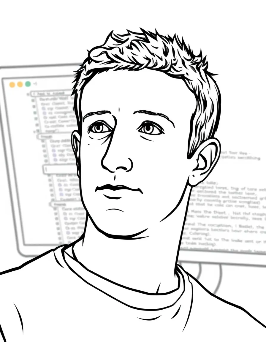 Mark Zuckerberg with a coding screen in the background