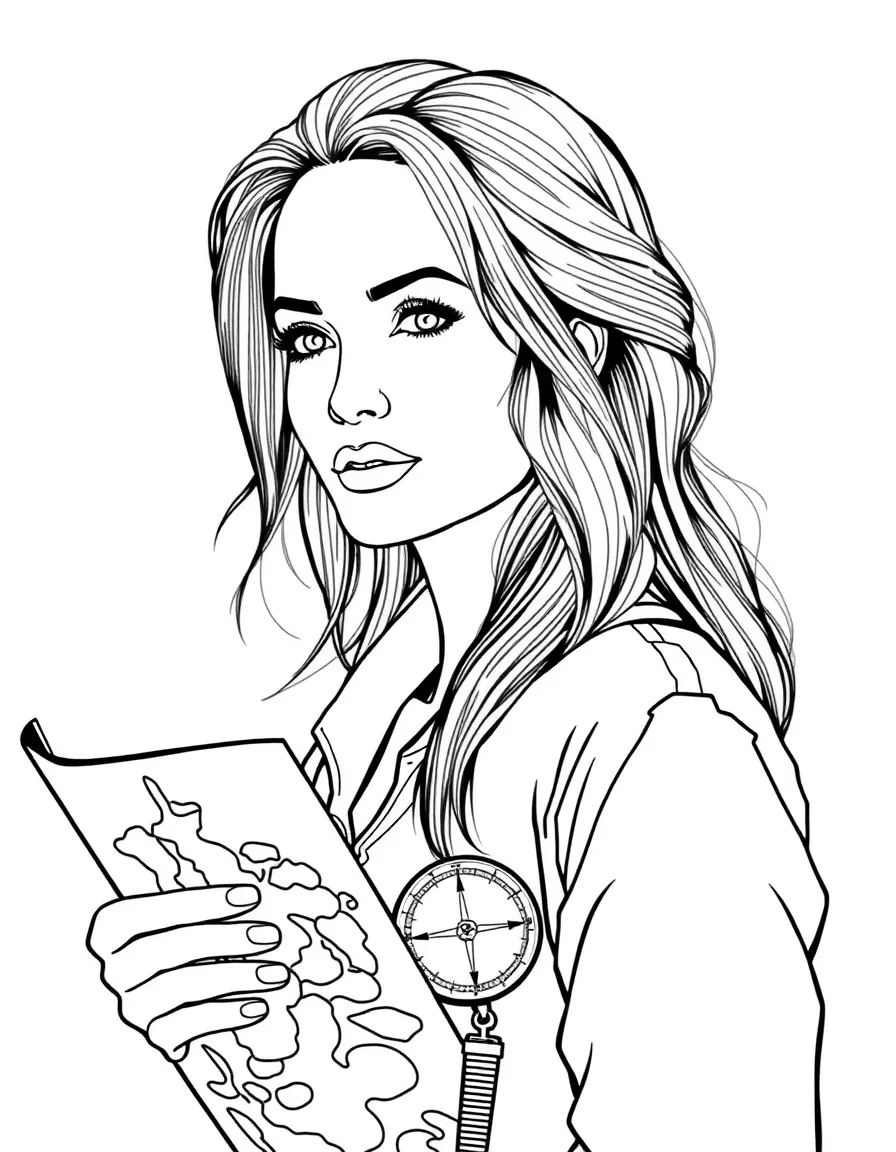 Angelina Jolie with a map and a compass