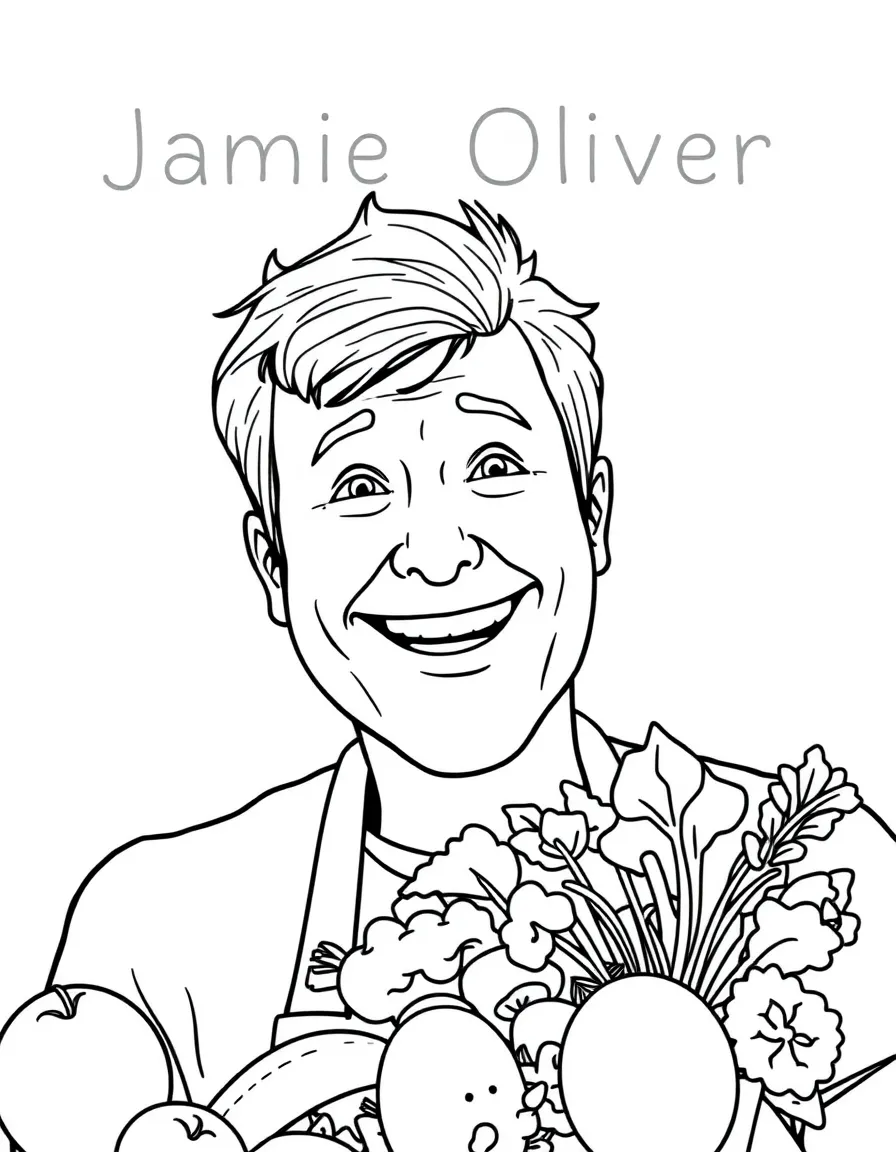 Jamie Oliver with a big, happy smile and fresh food