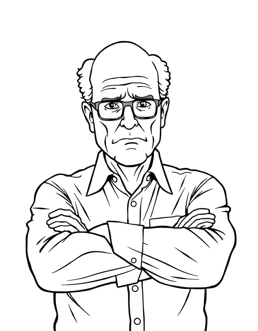 Larry David with his arms crossed, looking annoyed