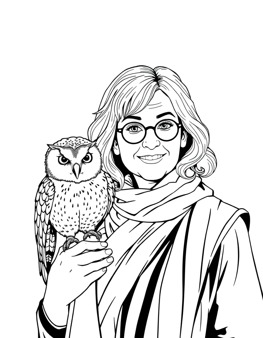 J.K. Rowling with an owl on her shoulder