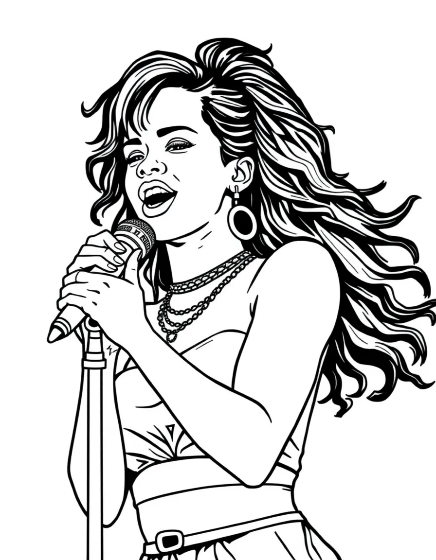 Rihanna with a microphone, singing a song
