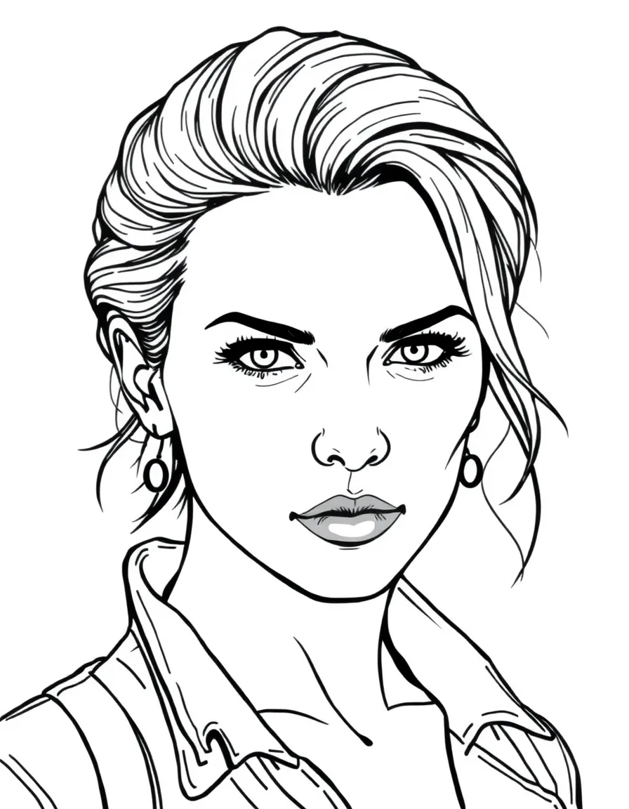 Scarlett Johansson with a cool, determined expression
