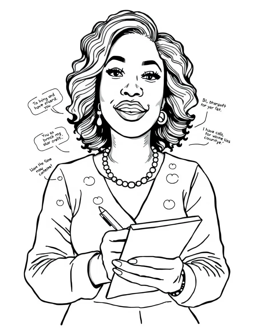 Shonda Rhimes with a pen and notebook, brainstorming