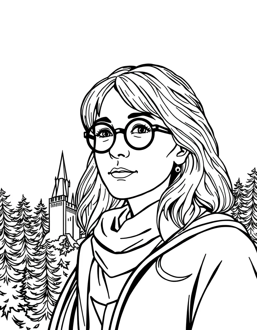J.K. Rowling with a magic castle in the background