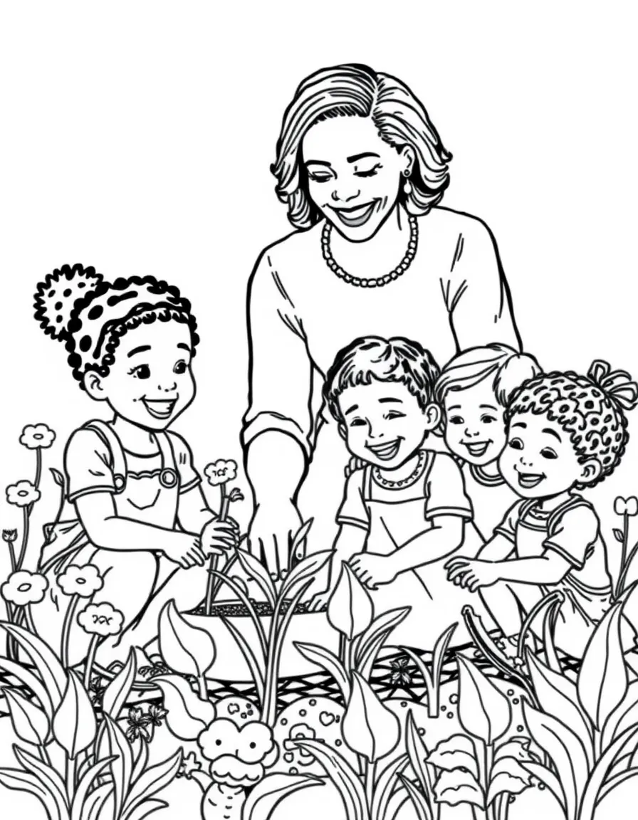 Michelle Obama gardening with happy children