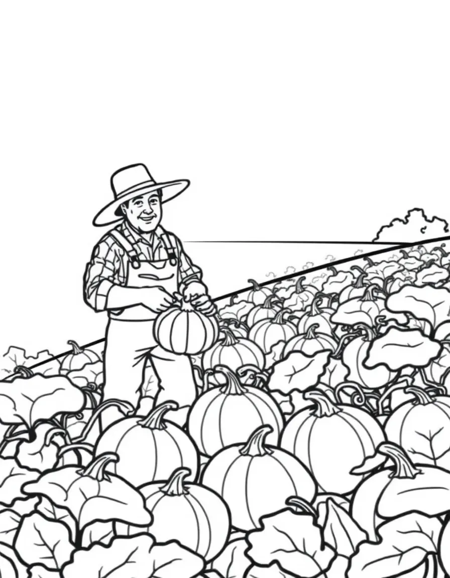 A farmer is picking pumpkins in the field