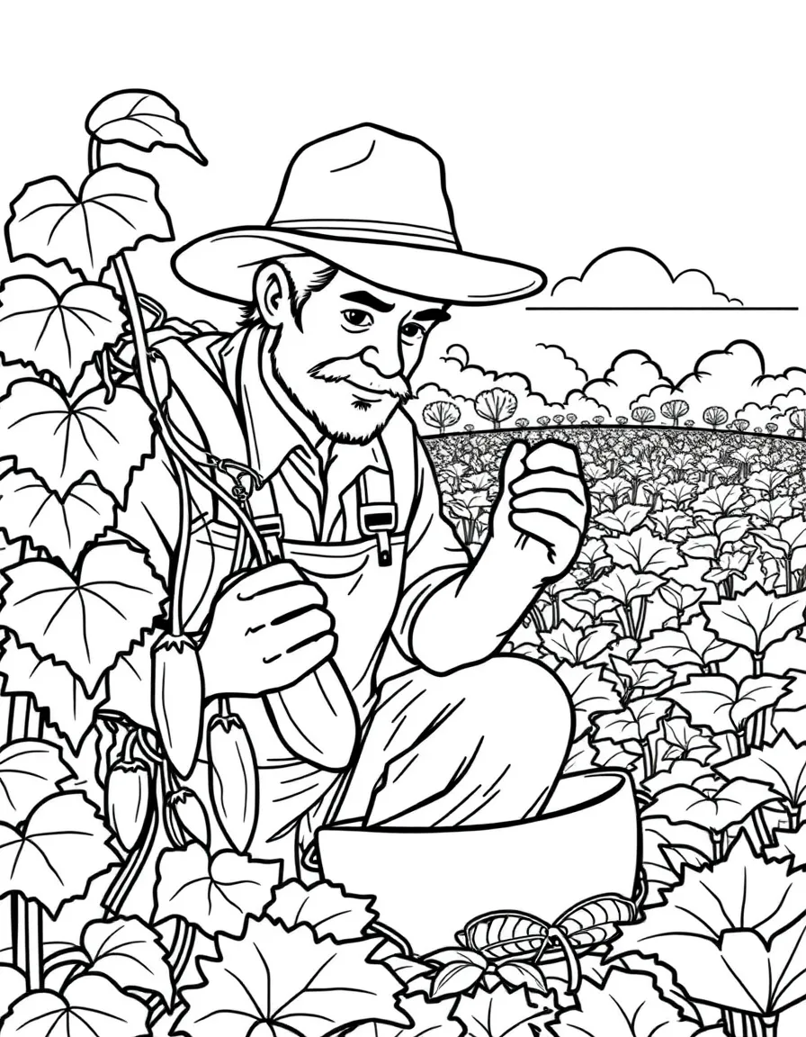 A farmer is picking cucumbers in the field