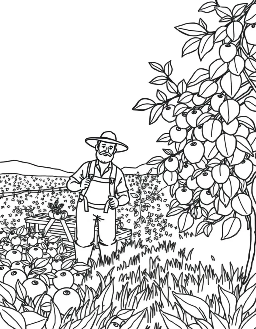 A farmer is picking apples in the field