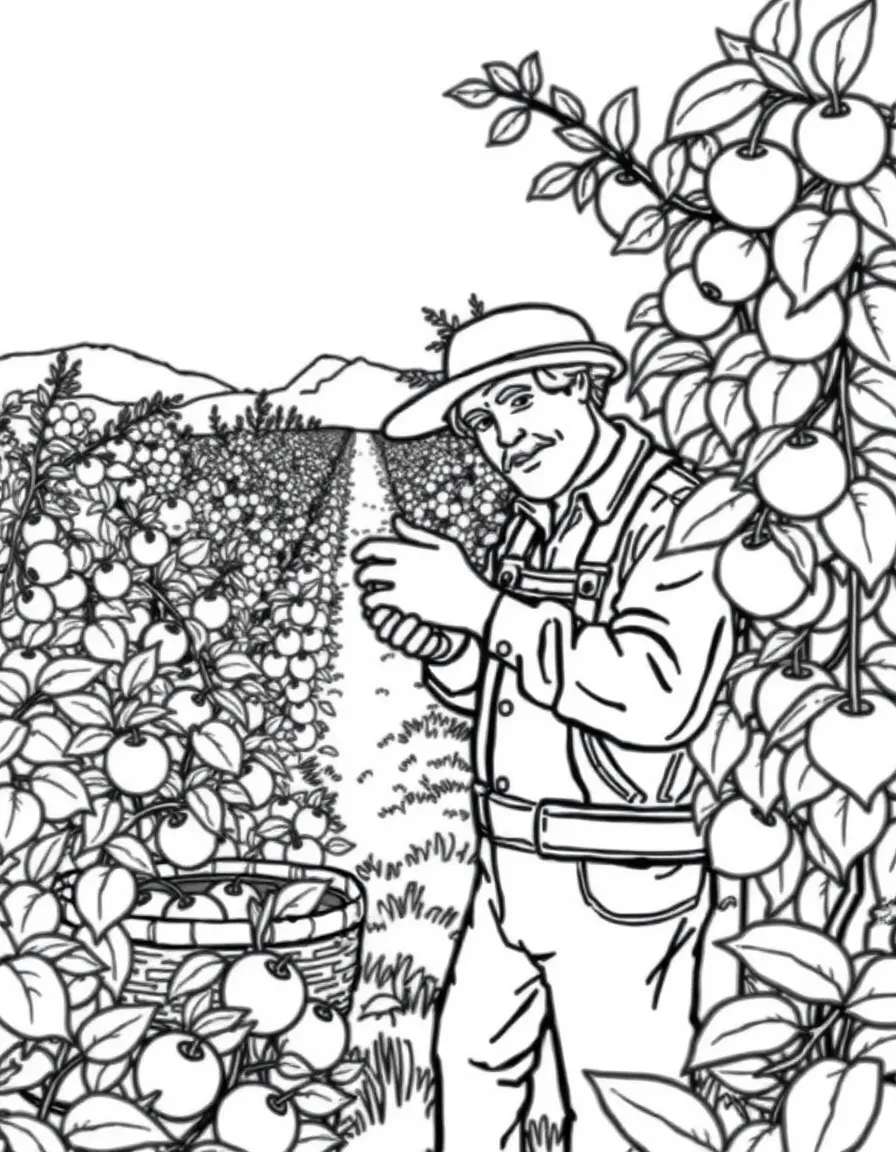 A farmer is picking apples in the orchard