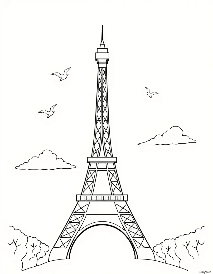 Simple Eiffel Tower outline with clouds and birds flying around