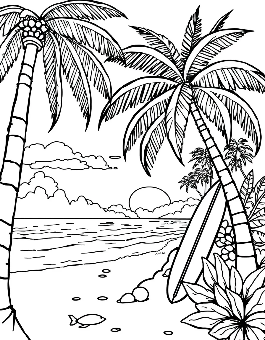 Hawaiian beach scene with palm trees, surfboard, and sun