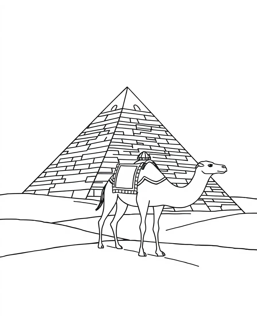 Egyptian pyramid with a camel and desert sand dunes