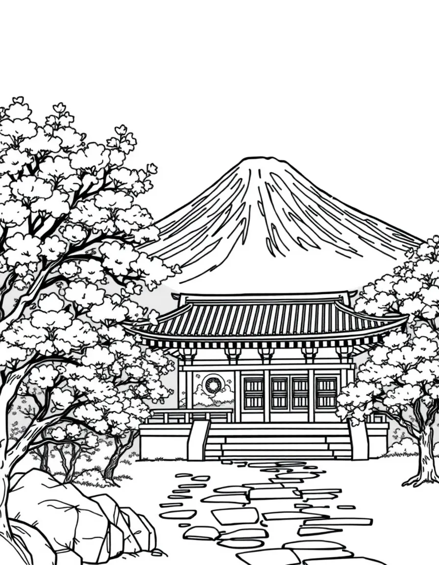 Japanese temple with cherry blossom trees and Mount Fuji in background