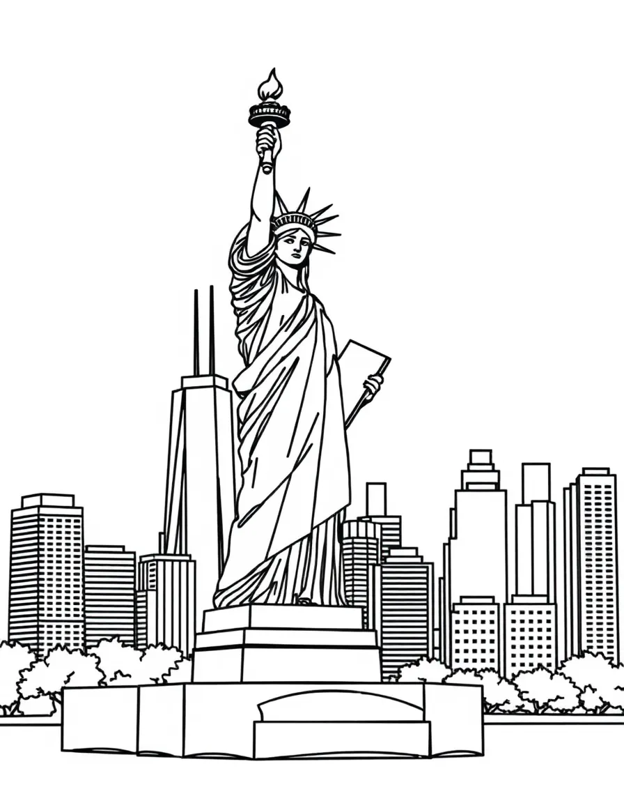 New York Statue of Liberty holding torch with city skyline