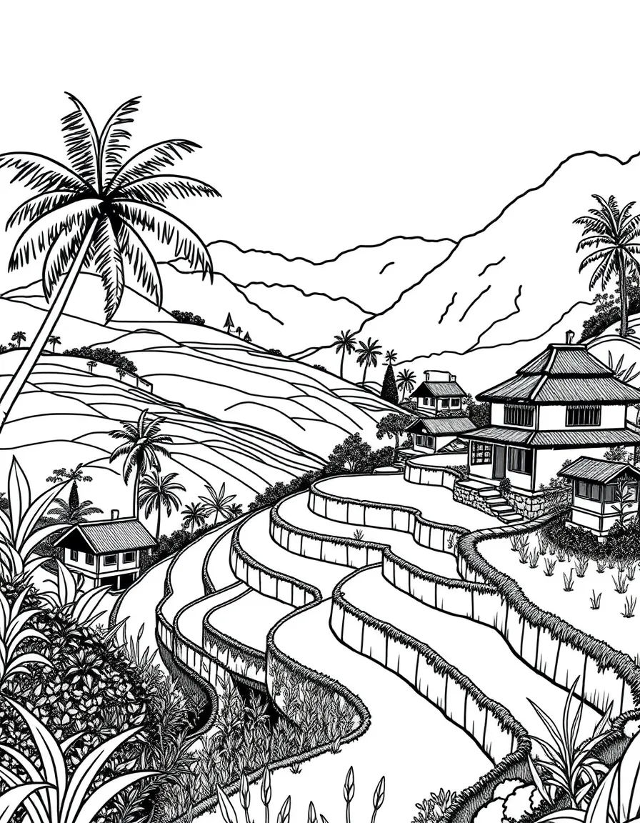 Bali rice terraces with traditional huts