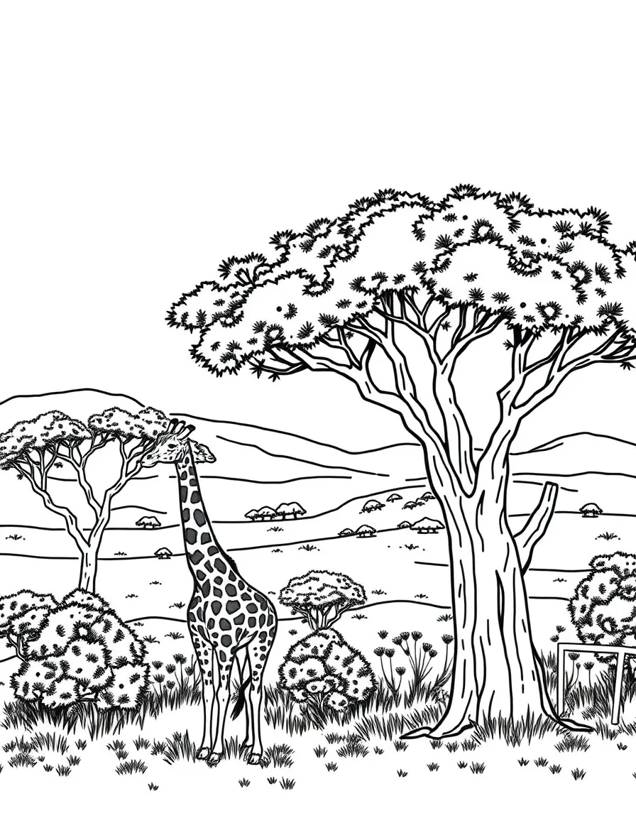 African safari scene with acacia tree and giraffe