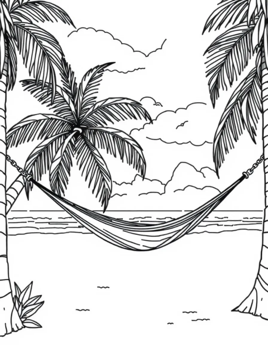 Caribbean beach hammock between two palm trees
