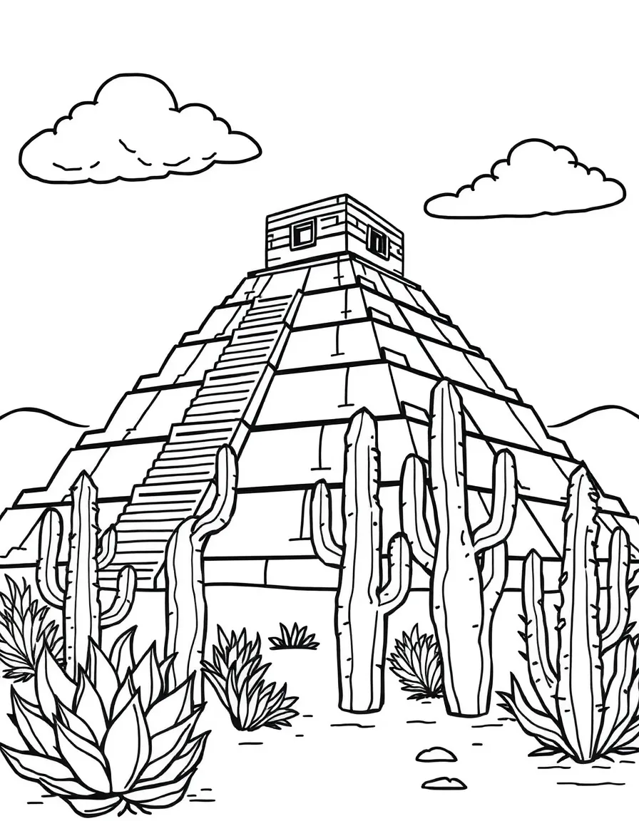Mexican pyramid with cactus plants