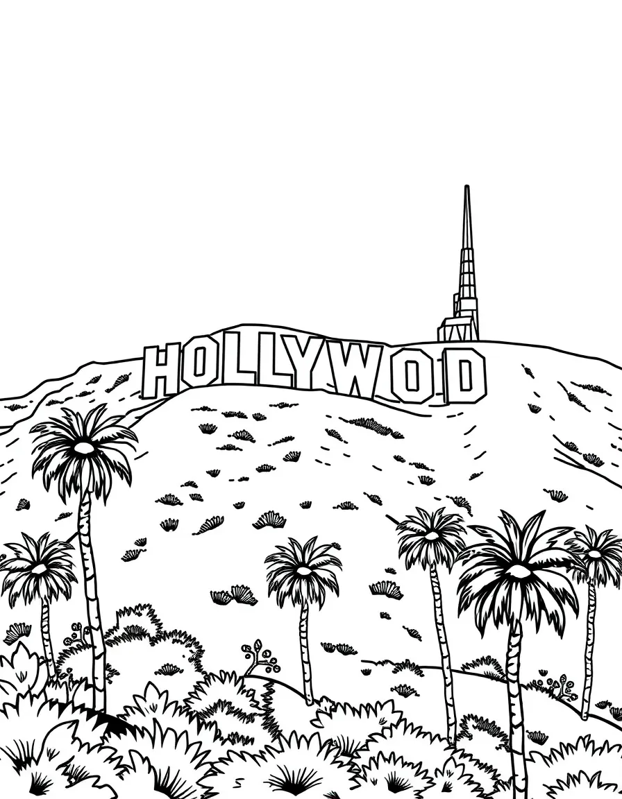 Hollywood sign on hillside with palm trees