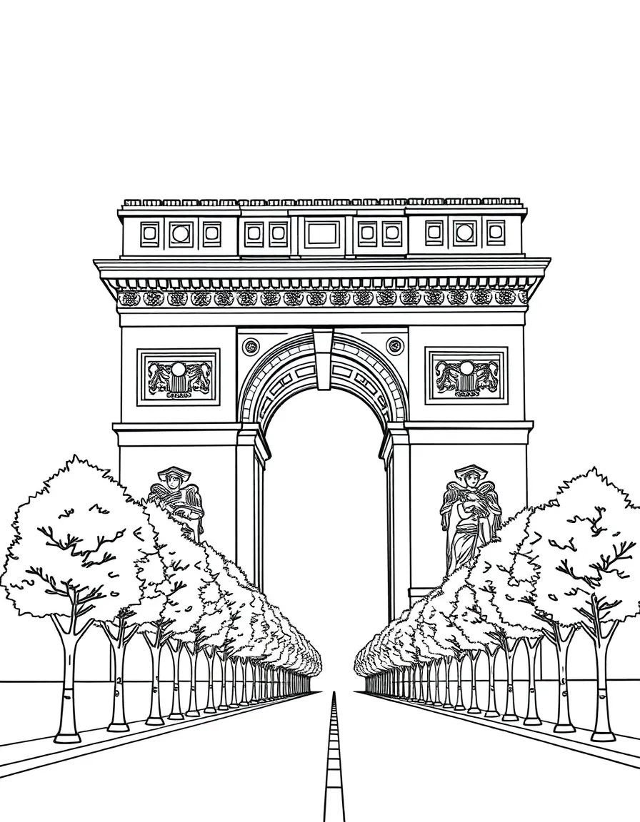 Paris Arc de Triomphe with tree-lined street