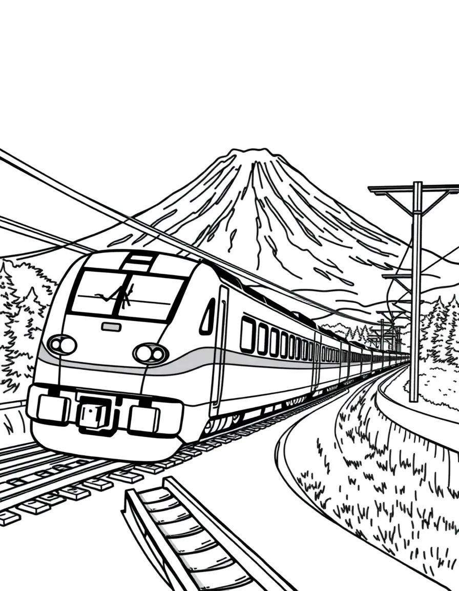 Japan bullet train speeding past Mount Fuji