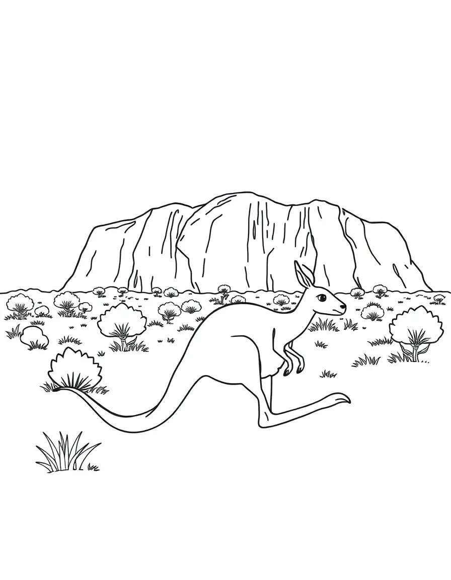 Australia kangaroo hopping past Uluru rock