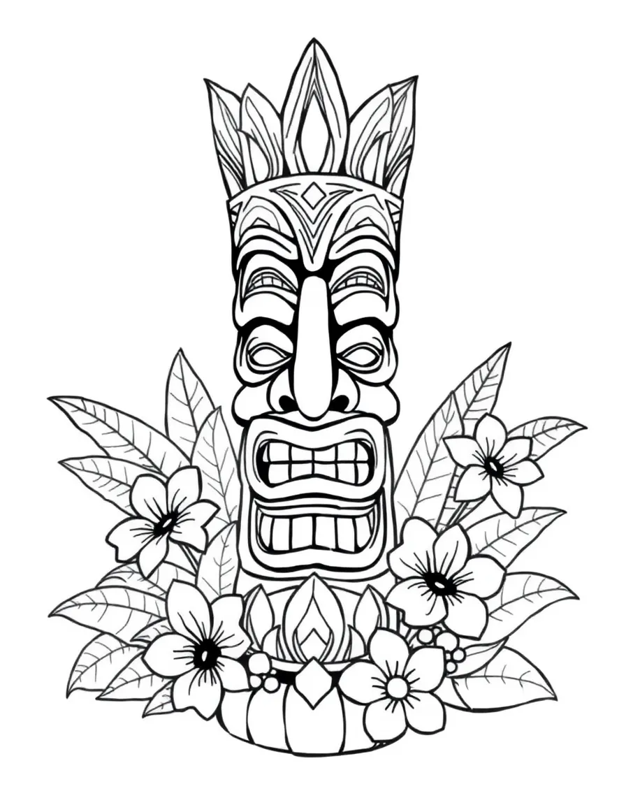 Tahiti tiki statue surrounded by flowers