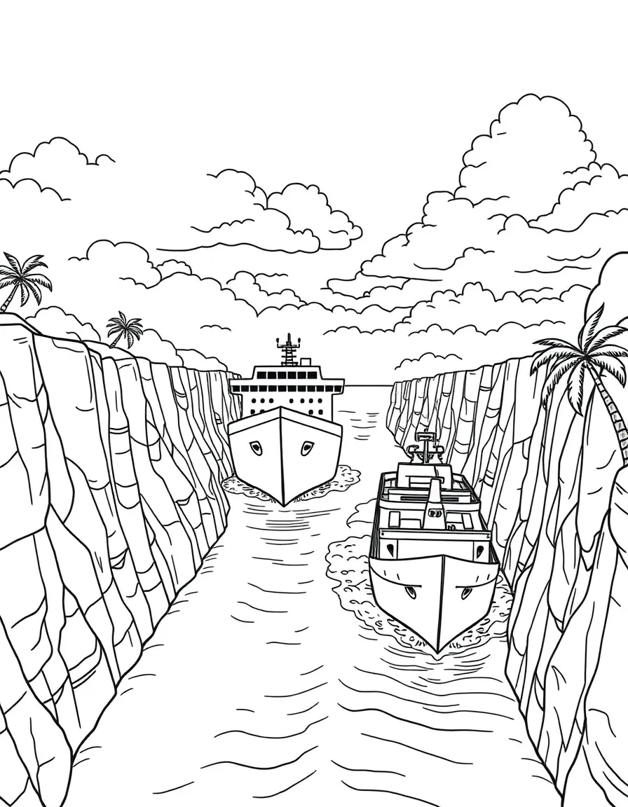 Panama canal with ship passing through