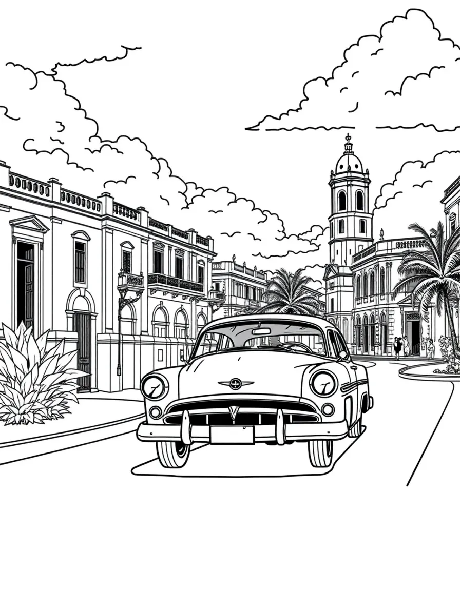 Cuba classic car driving past colonial buildings