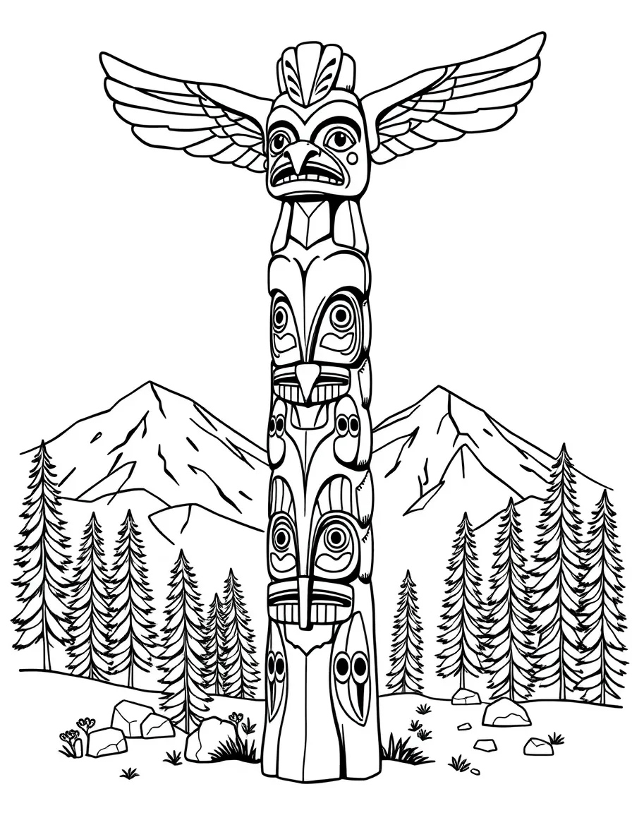 Alaska totem pole with mountain backdrop
