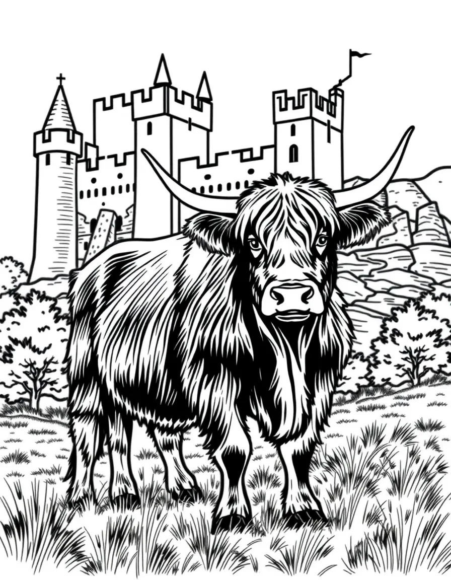 Scotland Highland cow in front of castle
