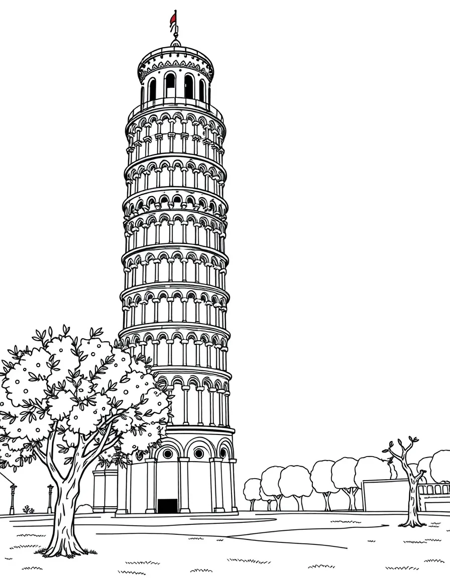 Italy leaning Tower of Pisa with olive trees