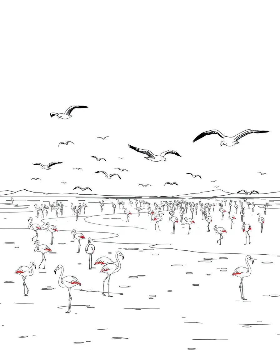 Djibouti salt lakes with flamingo flocks