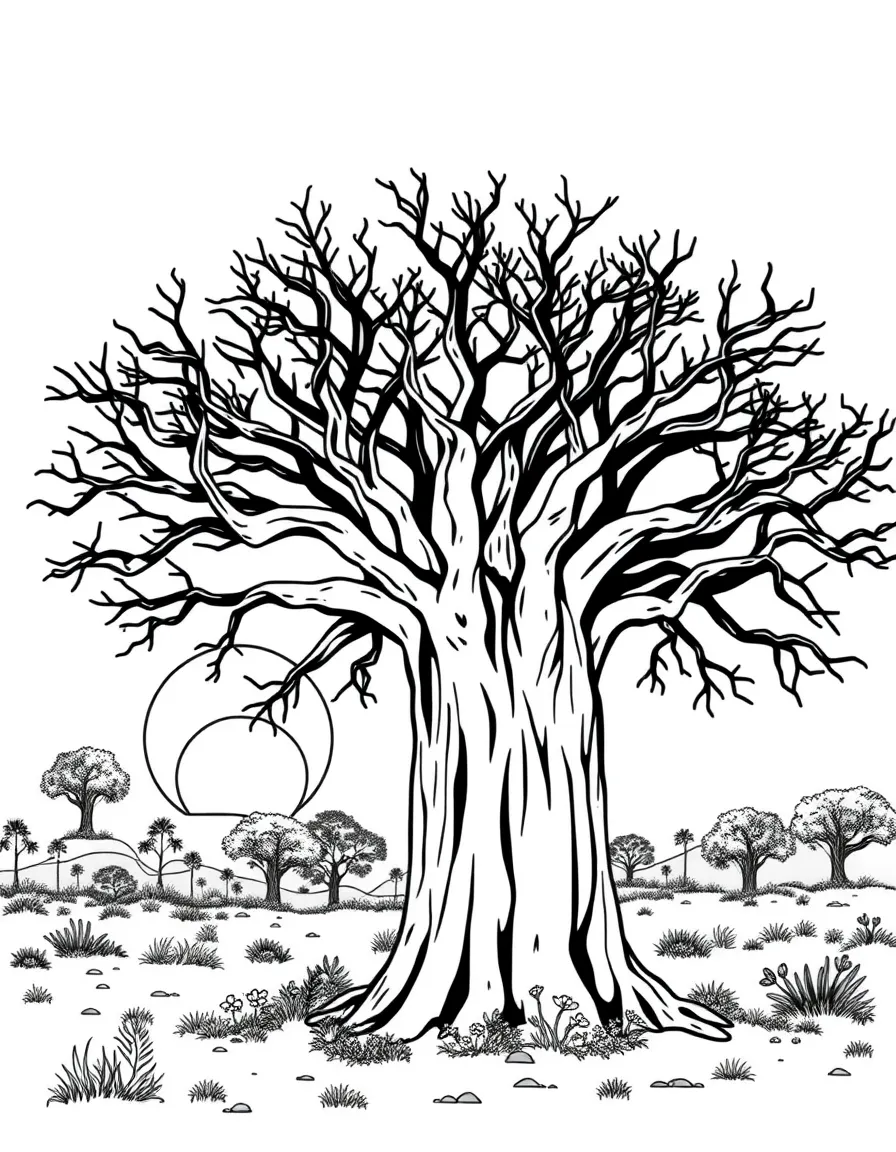Senegal baobab tree at African sunset