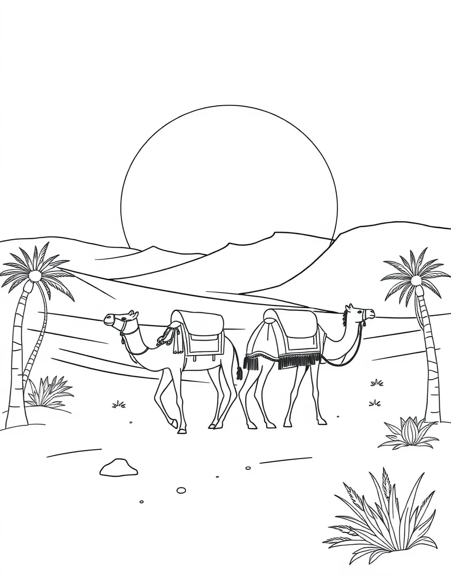 Western Sahara camel caravan at oasis