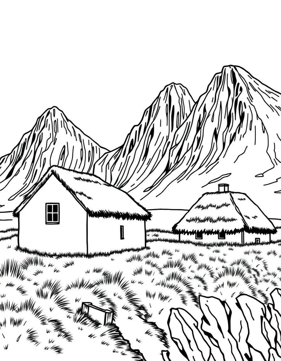 Faroe Islands grass roof houses by cliffs