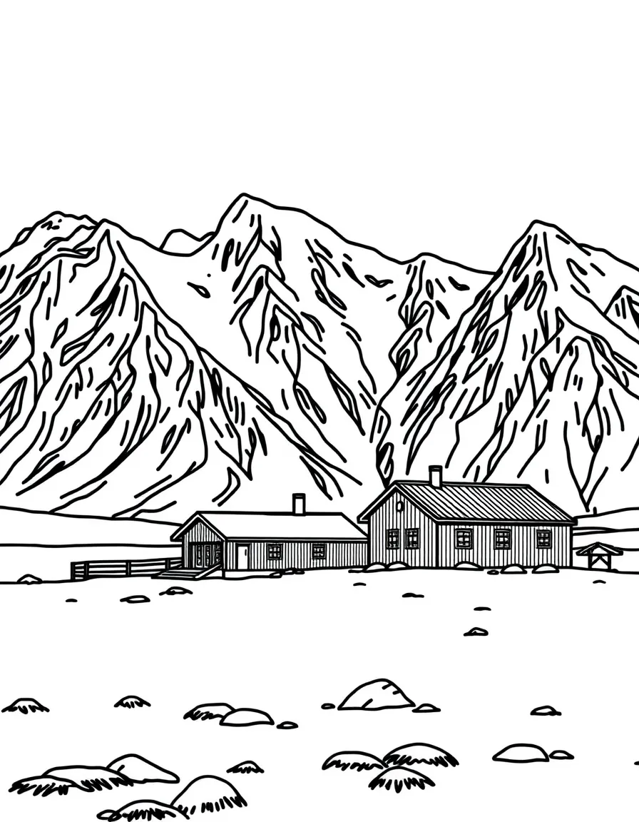 Kerguelen Islands research station with mountains