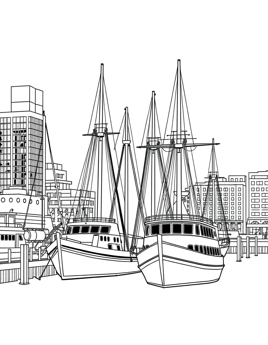(Maryland) Inner Harbor in Baltimore with tall ships