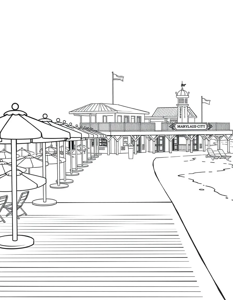 (Maryland) Ocean City boardwalk with beach umbrellas and shops