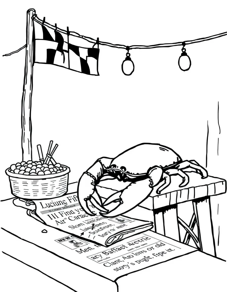 (Maryland) Crab picking scene with newspaper-covered table