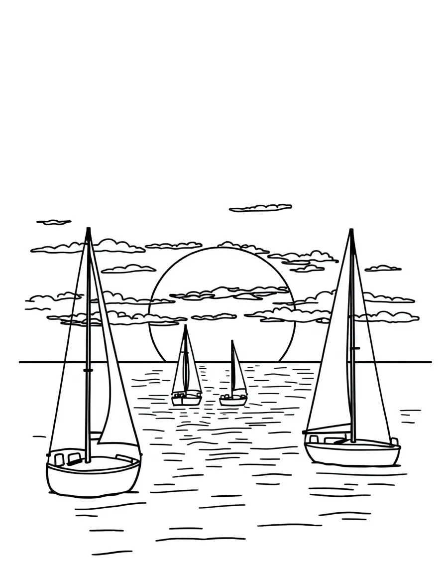 (Maryland) Chesapeake Bay sunset with sailboats silhouetted
