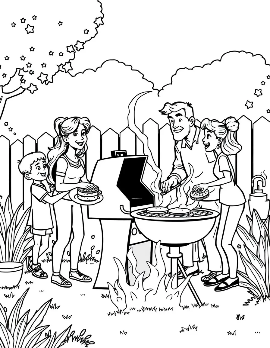(family) Family having a backyard BBQ with dad grilling burgers