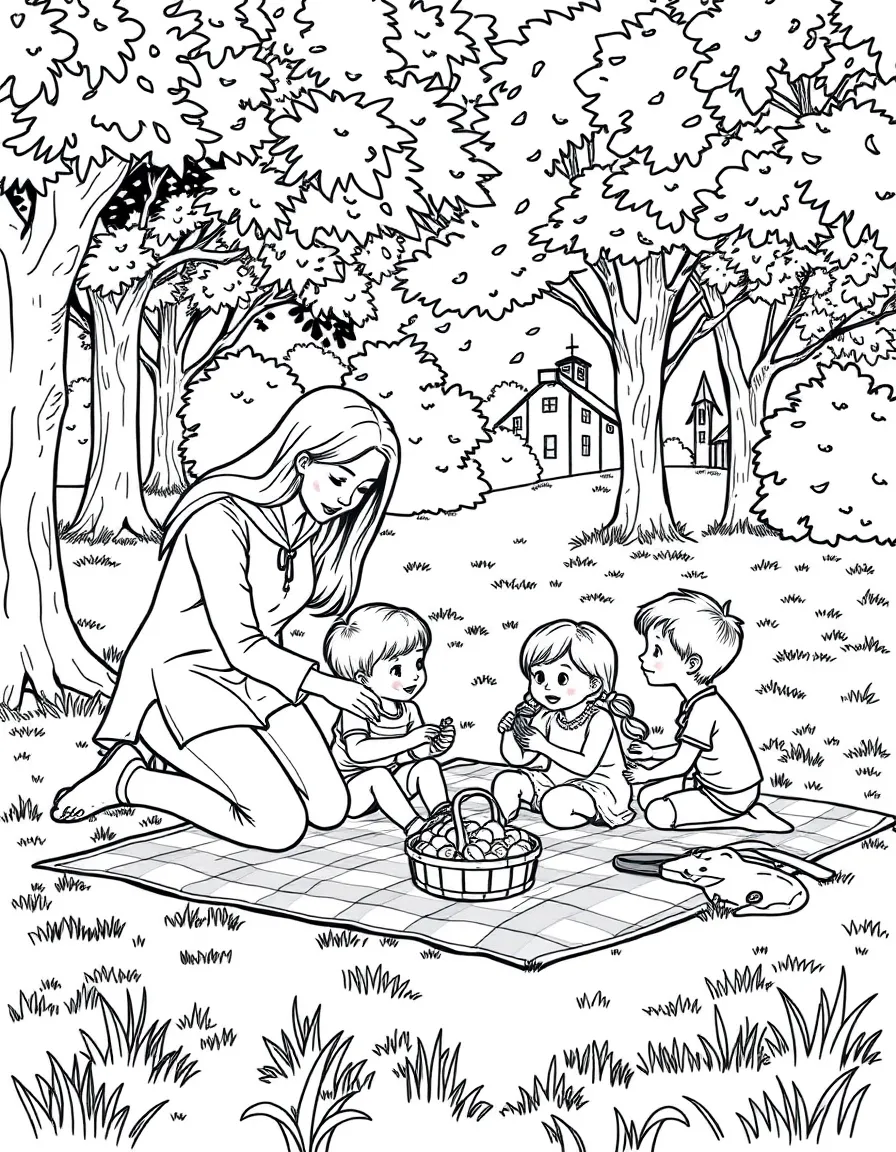 (family) Mom and kids setting up a picnic blanket in the park