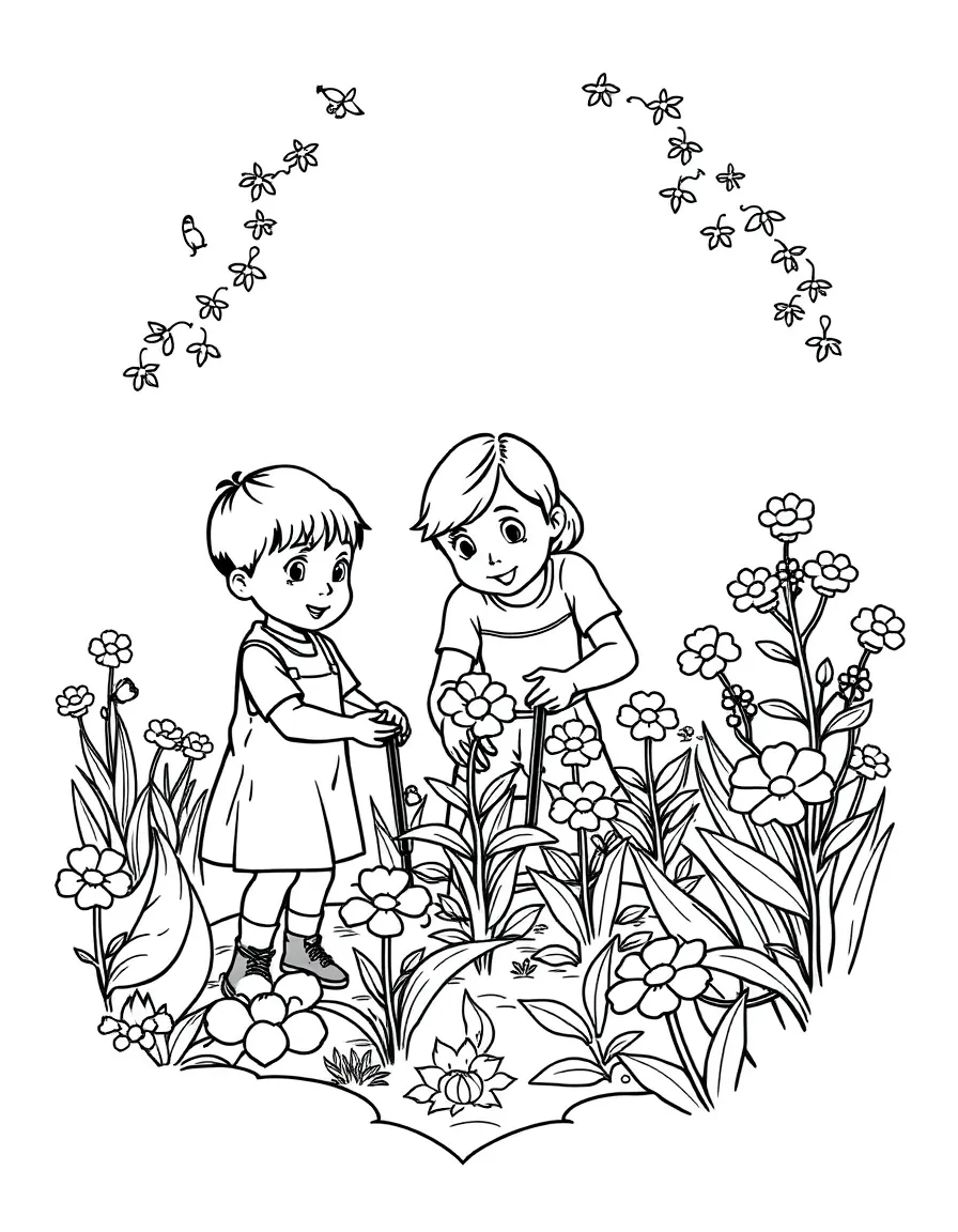 (family) Children helping parents plant flowers in the garden
