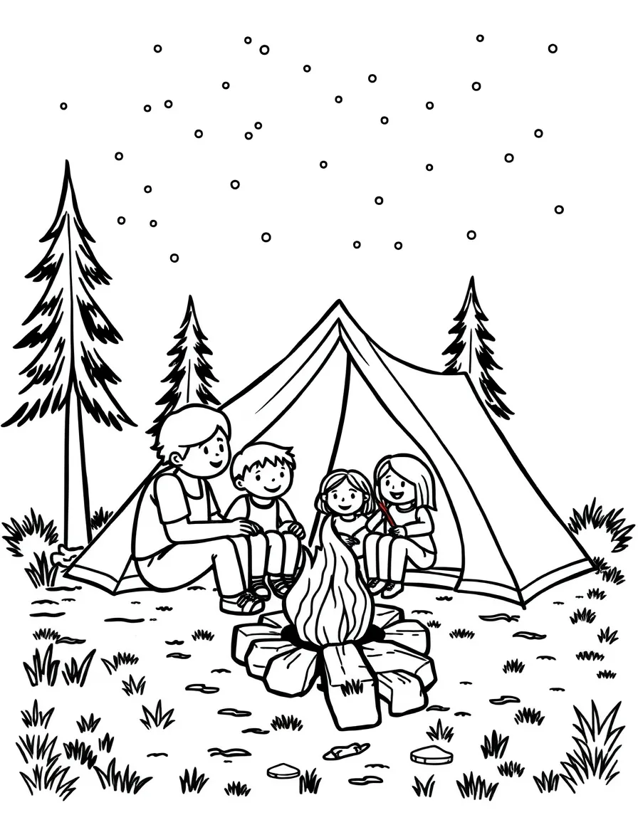 (family) Family camping with a tent and campfire