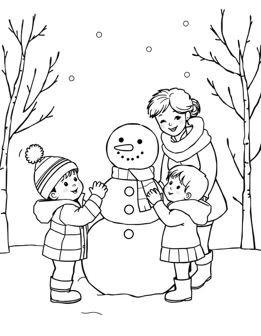 (family) Kids and parents building a snowman together