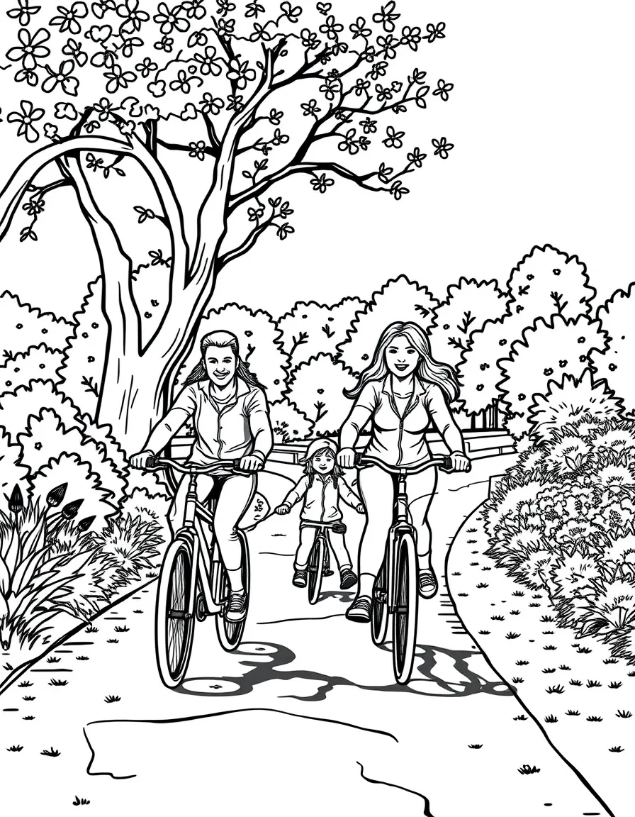 (family) Family riding bikes on a park trail