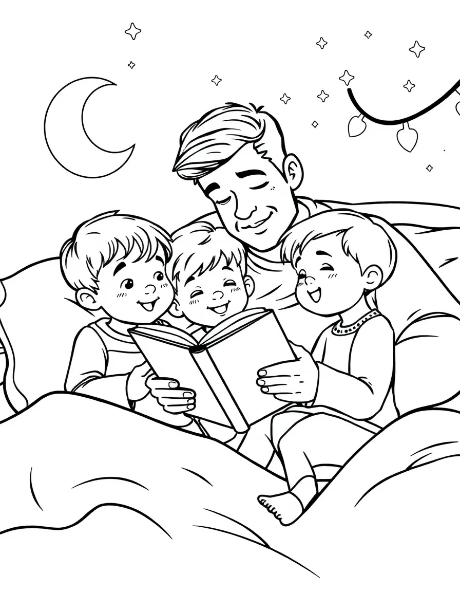 (family) Dad reading a bedtime story to kids